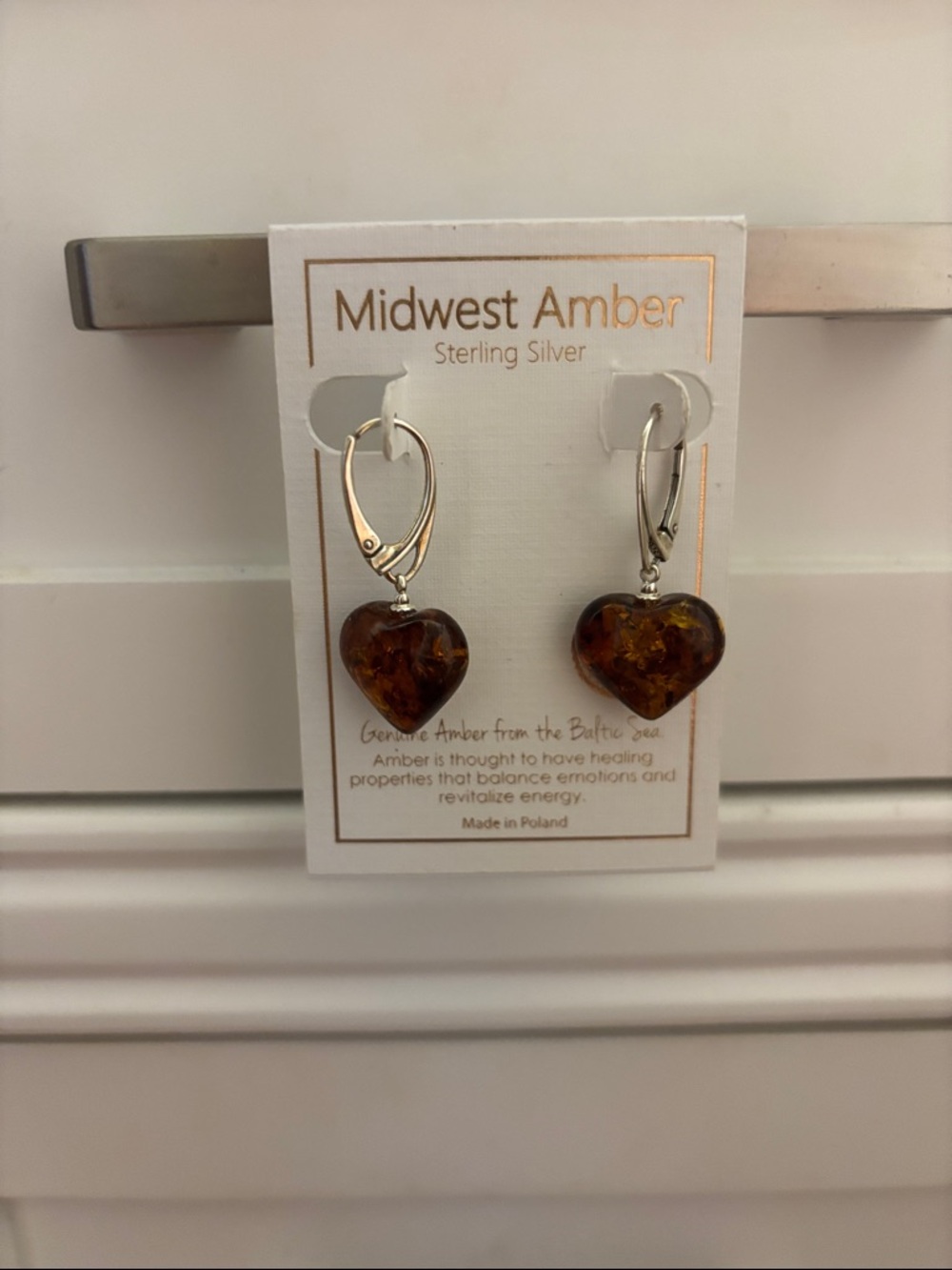 Genuine Amber Sterling Silver Heart Drop Earrings